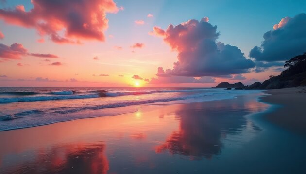 Scenic beach at sunrise. Vibrant colors reflected on calm water. Sunrise colors reflect on tranquil ocean shore. Waves gently touch shore. Sand pale. Rocky outcrops frame peaceful scene. Perfect for