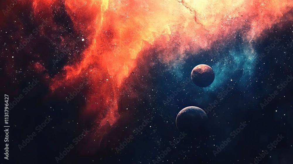 Aufkleber cosmic nebula with two planets in deep space