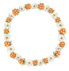 Cloudberry watercolor wreath. Cloudberry hand drawn frame. Northern berry for design of postcards and packaging, textiles etc.