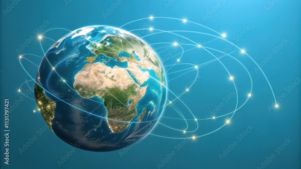 Poster planet earth is rotating and showing connections and network on blue background, representing global