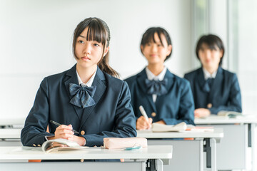 Fototapeta premium 学校の教室で真剣に授業を聞く制服姿の小学生・中学生・高校生・女子高生（友達） 