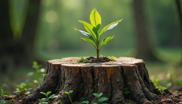 Young sprout grows from old tree stump. Nature reborn from decay. Resilience eco-conservation. New life starts from old. Image shows nature cycle. Fresh green foliage. Environmental care,