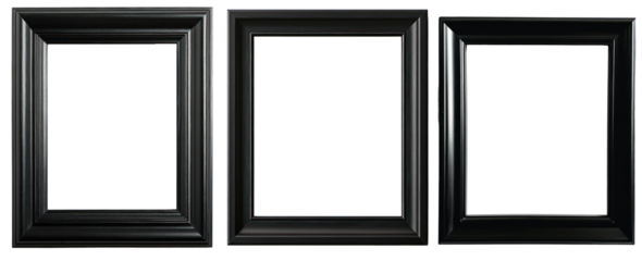 set of three elegant black picture frames with bevelled edges isolated on a transparent background