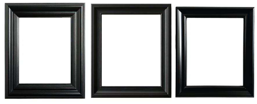 set of three elegant black picture frames with bevelled edges isolated on a transparent background
