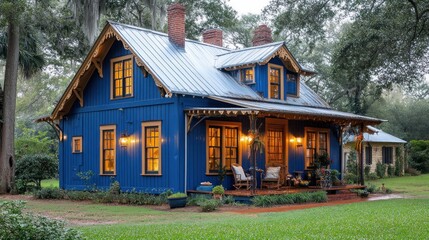 Charming blue cottage at dusk.