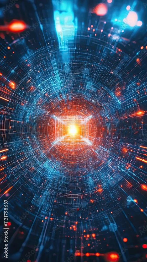 Poster abstract digital tunnel of light and data streams