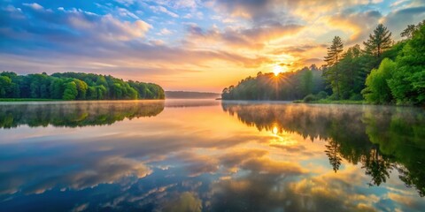 Obraz premium Soothing Michigan sunrise over calm lake surrounded by lush green forests , Michigan, morning, sunrise, lake, calm, peaceful
