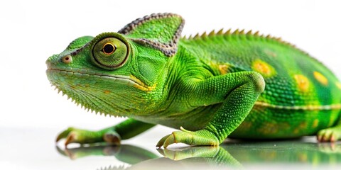 Obraz premium Green chameleon isolated on background, Chameleon, Green, Reptile, Camouflage, Wildlife, Nature, Lizard, Exotic, Tropical