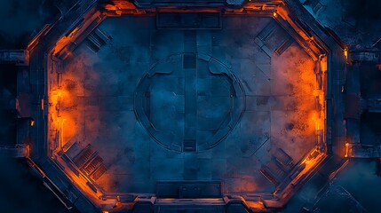 Futuristic metallic arena with orange lighting.