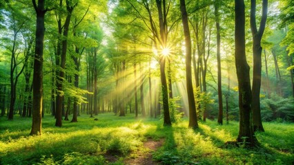 Obraz premium Beautiful sunny morning in a lush green forest, nature, sunlight, trees, leaves, foliage, outdoors, tranquility