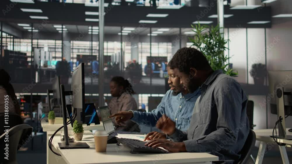 Poster black corporate team collaborate on global investment strategy, employing their extensive business e