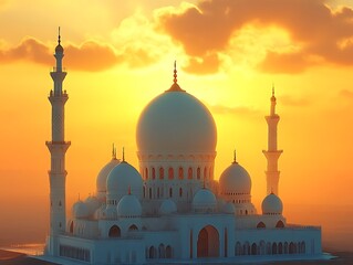 Obraz premium Majestic Mosque at Sunset Golden Hues Illuminate the Structure