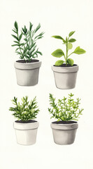 Fototapeta premium Delicate Potted Herbs in Watercolor Artful Illustration for Kitchen Decor