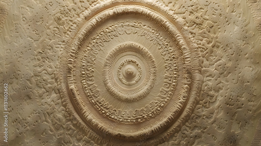 Poster intricate concentric circle pattern on beige textured surface.
