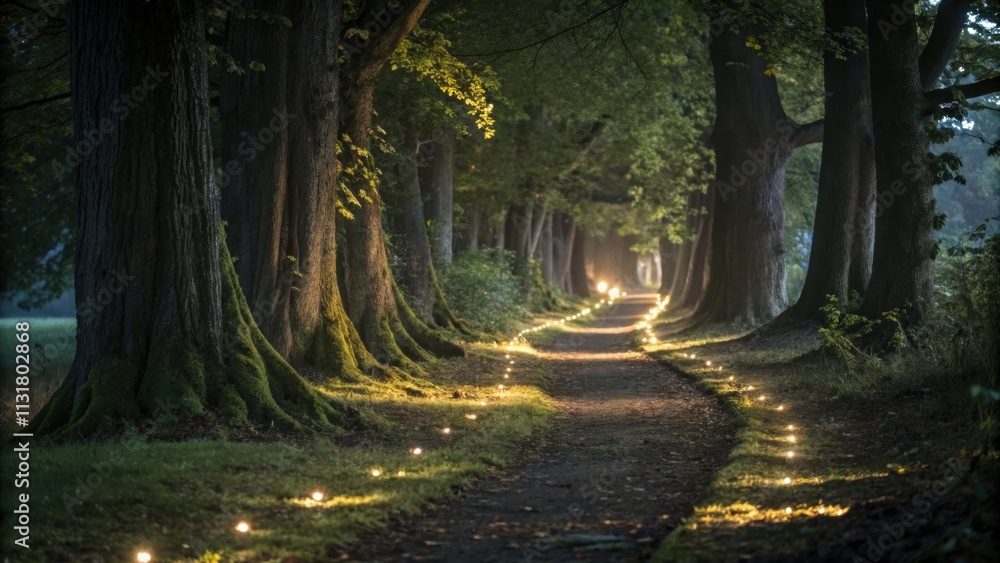 Poster soft candlelight illuminates a winding path through a mystical forest at twilight, creating a magica
