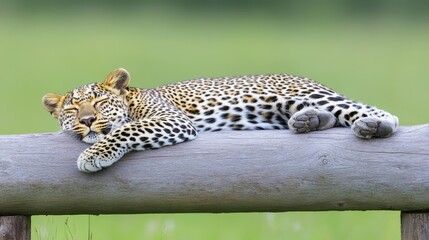 Leopard Sleeping Peacefully On A Log In Green Field