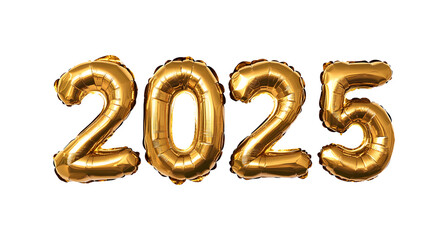 A shiny gold foil text 2025 balloon new year celebration  on transparent background