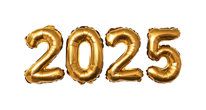 A shiny gold foil text 2025 balloon new year celebration  on transparent background