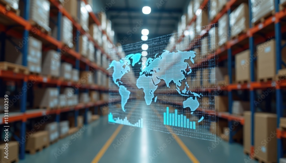 Aufkleber Warehouse tech interface shows global inventory. Data visualization displays global supply chain. Digital dashboards, KPIs visible. Efficient logistics management highlighted. Warehouse organized.