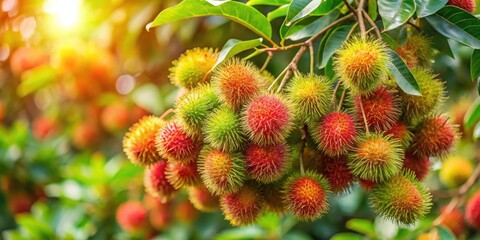 Rambutan tree full of ripe fruits , tropical, exotic, juicy, red, spikes, hairy, delicious, fresh, plantation, harvest, agriculture