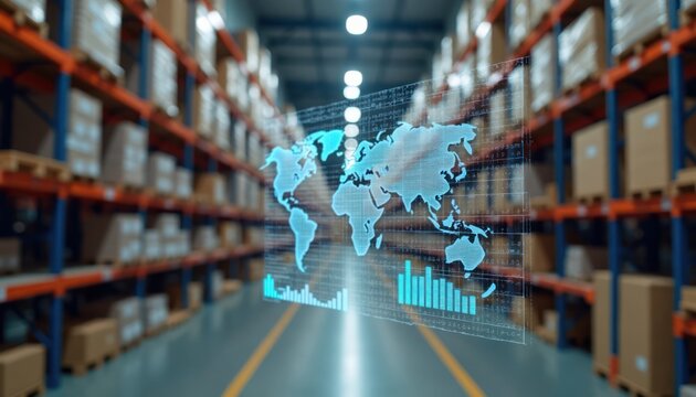 Warehouse tech interface shows global inventory. Data visualization displays global supply chain. Digital dashboards, KPIs visible. Efficient logistics management highlighted. Warehouse organized.