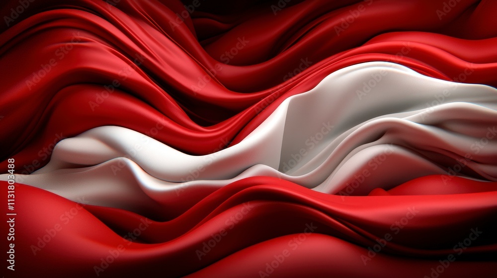 Poster Abstract Red and White Draped Fabric  Flowing Waves  3D Render  Elegant Texture