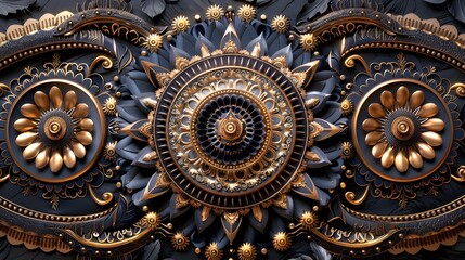 Obraz premium Intricate gold and dark blue 3D floral mandala.