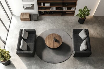 Modern living room interior design, top view.