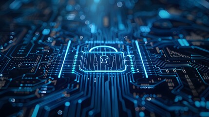 A glowing blue padlock icon on a circuit board, representing digital security and data protection.