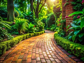 Fototapeta premium Stunning Close-Up of Brick Garden Path: Rustic Charm, Textured Beauty, Winding Walkway, Cobblestone Detail, Outdoor Scene, Garden Design, Landscape Architecture