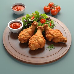Crispy Fried Chicken with Fresh Salad and Dipping Sauce on Wooden Plate - High-Quality Food Photography