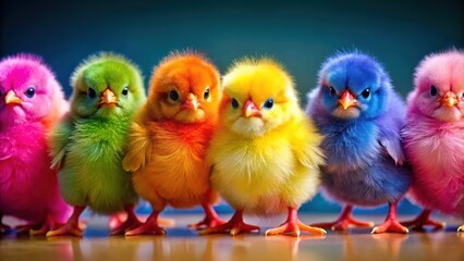 Naklejka premium Vibrantly colored chicks in a variety of hues, perfect for adorable pet photography, colorful, chicks, cute