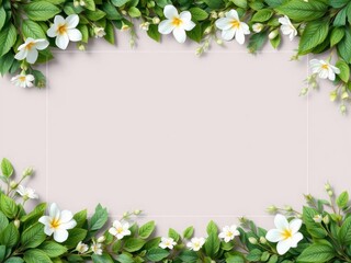 Fototapeta premium Horizontal botanical frame background with various green leaves and flowers, centered white frame for text or design, mockup, frame, template