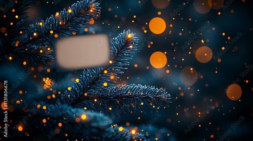 Poster close-up of a frosted pine branch with warm lights and bokeh.