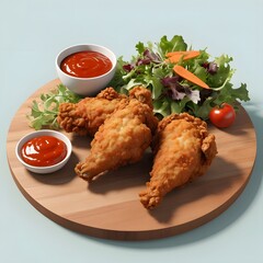 Crispy Fried Chicken with Fresh Salad and Dipping Sauce on Wooden Plate - High-Quality Food Photography