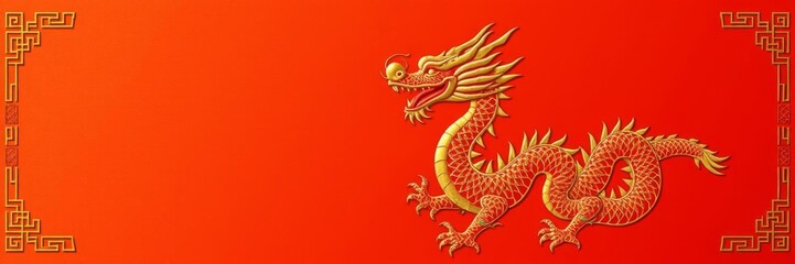 Fototapeta premium Illustration of a majestic Chinese dragon in traditional red and gold colors, representing power and good fortune, oriental, gold, culture