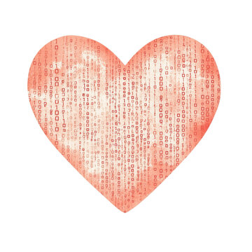 Heart shape with a digital binary code pattern on a white isolated background.