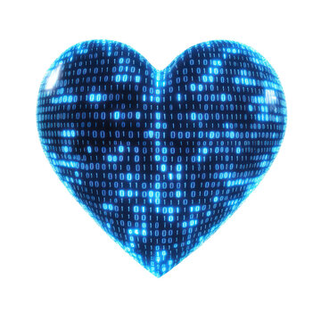 Digital heart with binary code pattern, white isolated background.