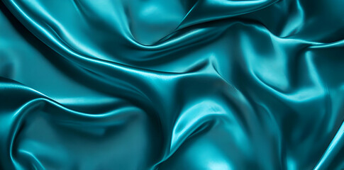 Obraz premium A close-up view of smooth, teal satin fabric with elegant folds and reflections.