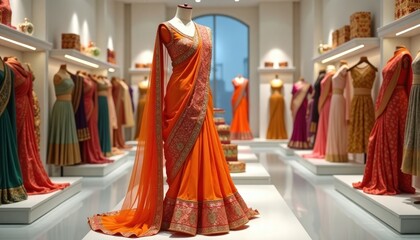 Indian fashion boutique white luxury, festive outfits. Orange saree displayed on mannequin. Many colorful sarees on display. Modern Indian clothing beautifully presented. Elegant handloom sarees