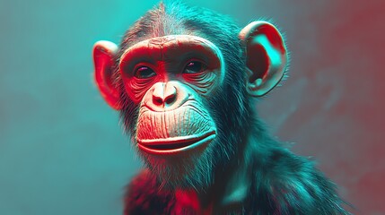 Close-up portrait of a young chimpanzee with vibrant cyan and red lighting.