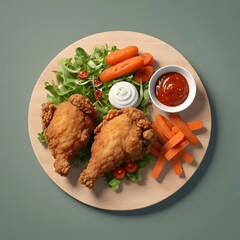 Crispy Fried Chicken with Fresh Salad and Dipping Sauce on Wooden Plate - High-Quality Food Photography