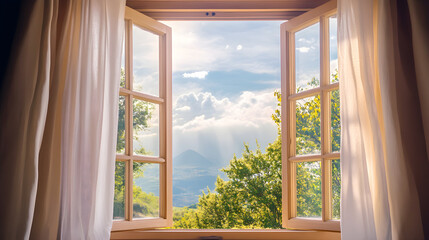 Fototapeta premium Open window with a breeze blowing in, symbolizing fresh air and new opportunities