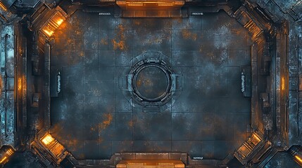 Overhead view of a futuristic, metallic arena with orange lighting.