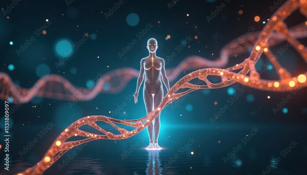 Fototapete digital illustration shows human figure intertwined with glowing dna strand. human body composed of 