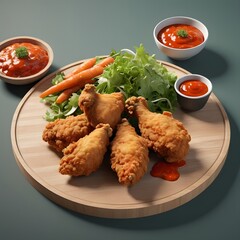 Crispy Fried Chicken with Fresh Salad and Dipping Sauce on Wooden Plate - High-Quality Food Photography