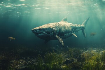 Fototapeta premium Majestic Great White Shark Gracefully Gliding Through Crystal Clear Ocean Waters, Capturing the Power and Beauty of Marine Life in a Vibrant Underwater Ecosystem Full of Wonder