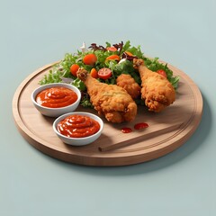 Crispy Fried Chicken with Fresh Salad and Dipping Sauce on Wooden Plate - High-Quality Food Photography