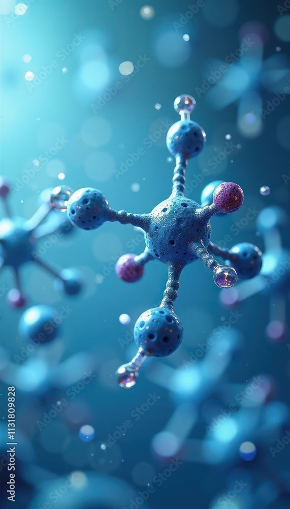 Poster abstract close-up view of complex blue molecular structures. bubbles show chemical reactions, intera