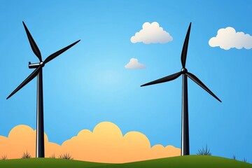 Obraz premium A minimalist flat design of a wind turbine silhouette on a hill, illustrated with clean lines and soft blue gradients